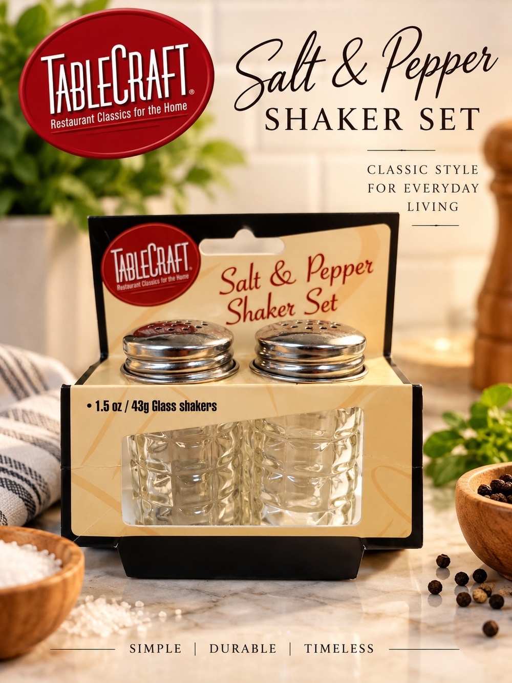 TableCraft Salt & Pepper Shaker Set 1.5 oz Glass Stainless Steel Lids NWT
